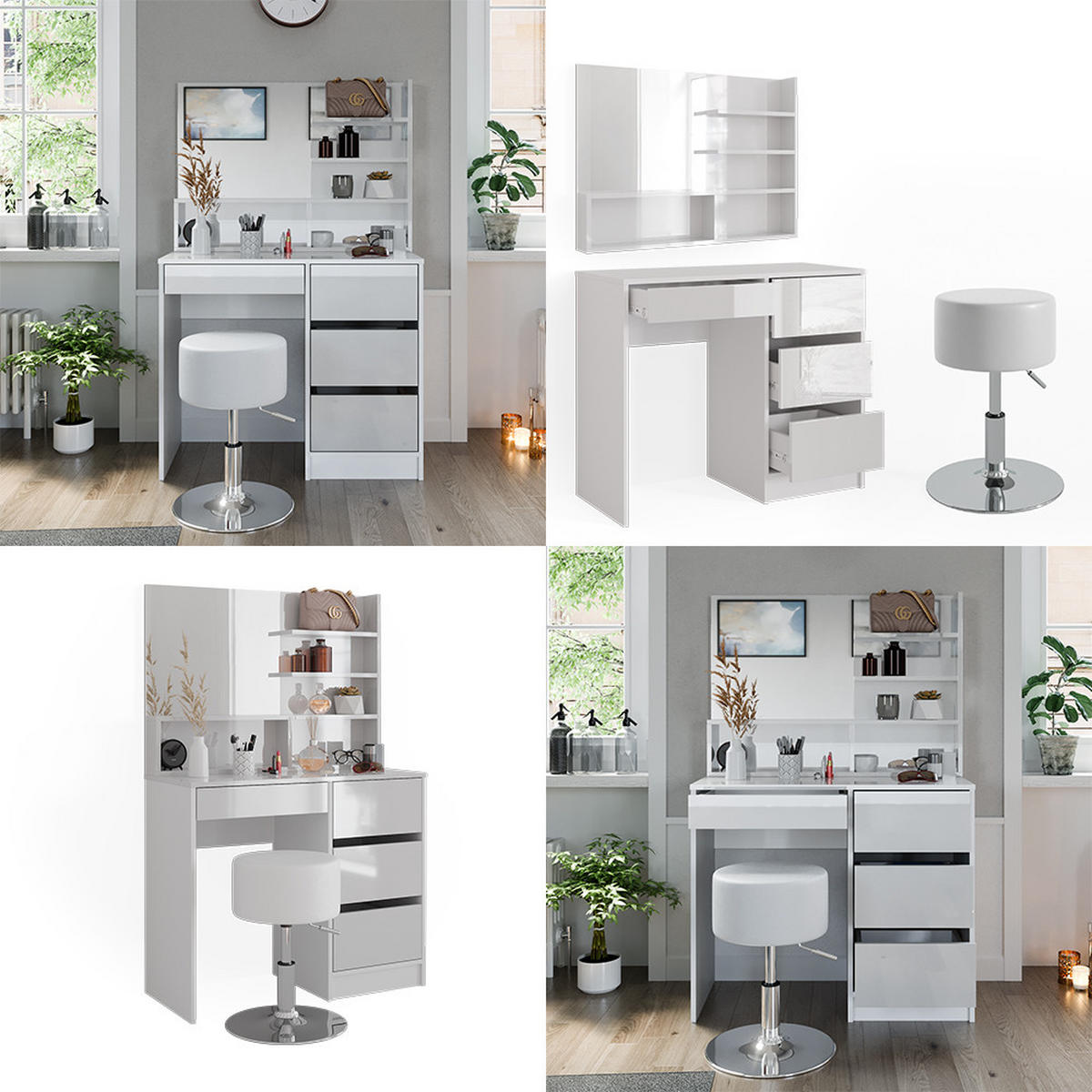 SCHMINKTISCH Sherry Weiß 140 cm mit Hocker - Weiß, Holzwerkstoff (40/75/140cm) - Vicco