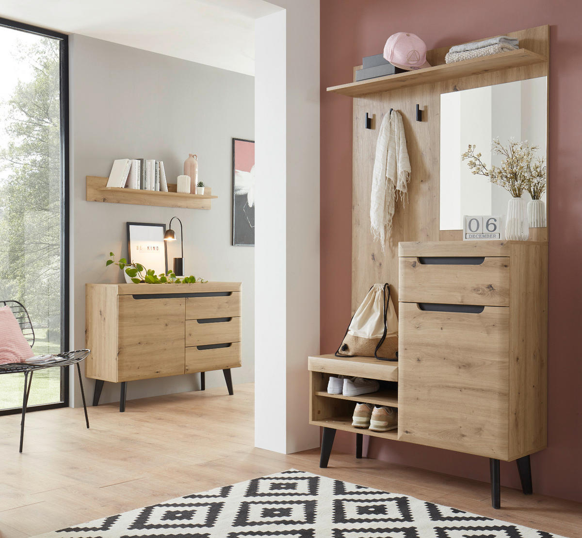 GARDEROBEN-SET Eiche Artisan, schwarz 232 cm, Garderobenkombination skandinavisch - Eichefarben/Schwarz, Holzwerkstoff/Metall (232/200/40cm) - Furn.Design