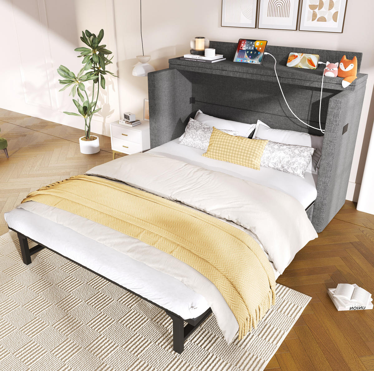 SCHRANKBETT 140/200 cm mit USB- und Typ-C-Anschluss, Schublade und wandelbarem Ablagefach aus Leinen, Grau - Grau, Textil (140/200cm) - Redom