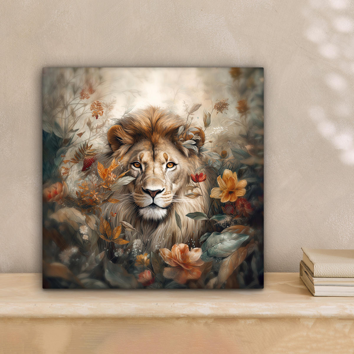 LEINWANDBILD Löwe - Wildtiere - Pflanzen - Natur - Blumen 20x20 cm - Beige, Textil (20/20cm) - MuchoWow
