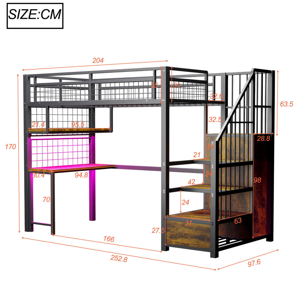 HOCHBETT 90/200 cm aus Metall und MDF mit Schreibtisch, LED-Lichtleiste und Stauraumtreppe Schwarz - Schwarz, Metall (90/200cm) - Modenvie