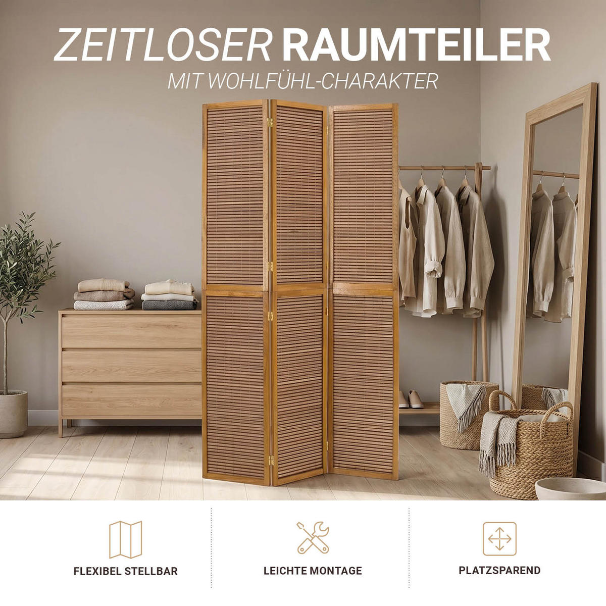 PARAVENT 3-tlg. 132/175 cm Braun Bambuslamellen - Braun, Holz (132/175/2cm) - Homestyle4u