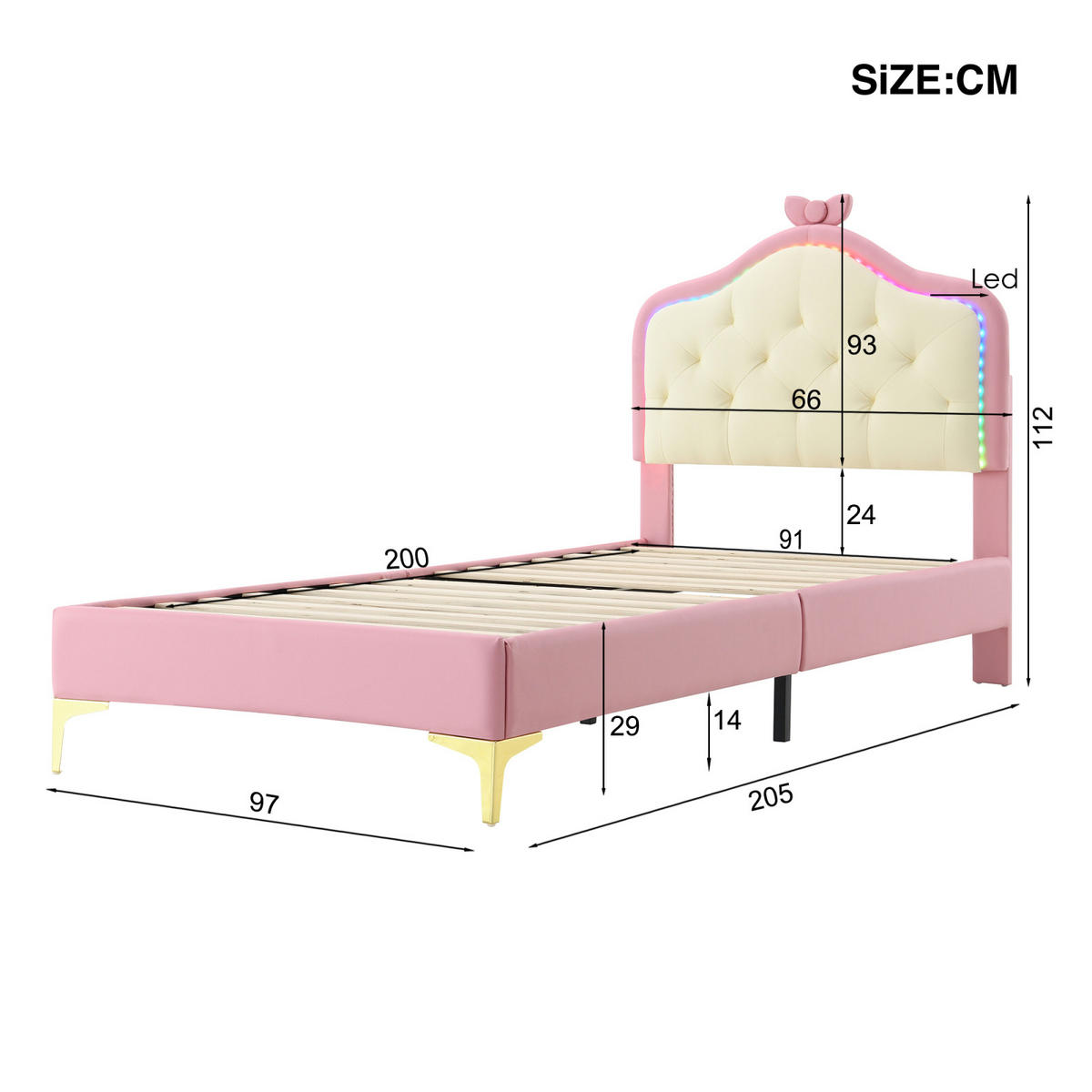 KINDERBETT 90x200 cm mit LED, Schleifen, Lattenrost, Rosa - Rosa, Holz (90/200cm)