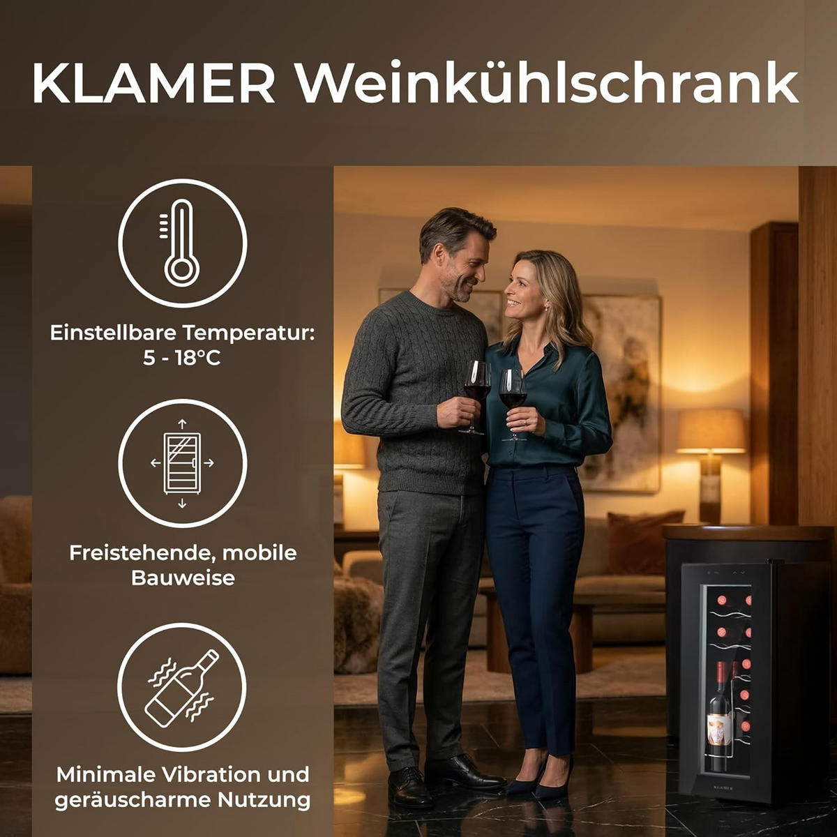 WEINKÜHLSCHRANK 12 Flaschen Getränkekühlschrank - Schwarz, Glas/Metall (51/65.5/26.5cm) - KLAMER