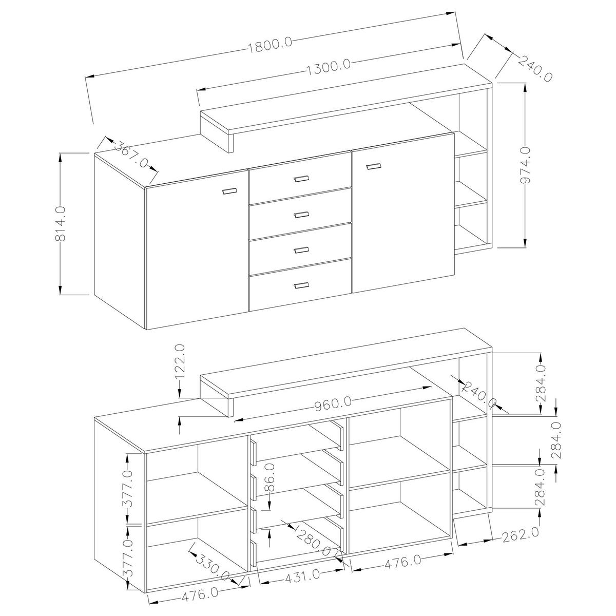 SIDEBOARD BOTTEGA 180/98/37 cm mit 4 Schubladen und 2 Türen Weiß - Titanfarben/Weiß, Holzwerkstoff (180/98/37cm) - MASSENO