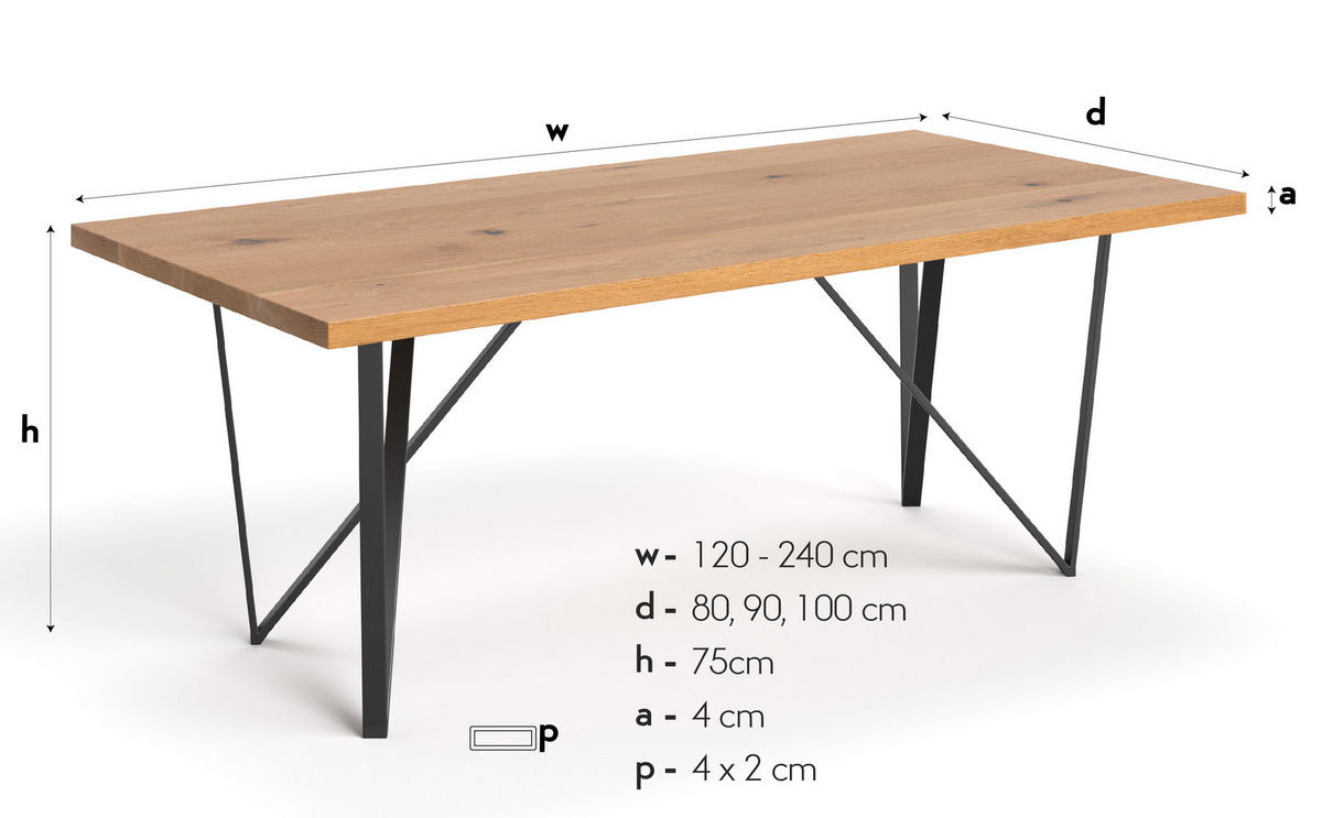 ESSTISCH Ravel aus massivem Eichenholz 140x100 cm - Eichefarben/Schwarz, Holz/Metall (140/100/75cm) - Danzz