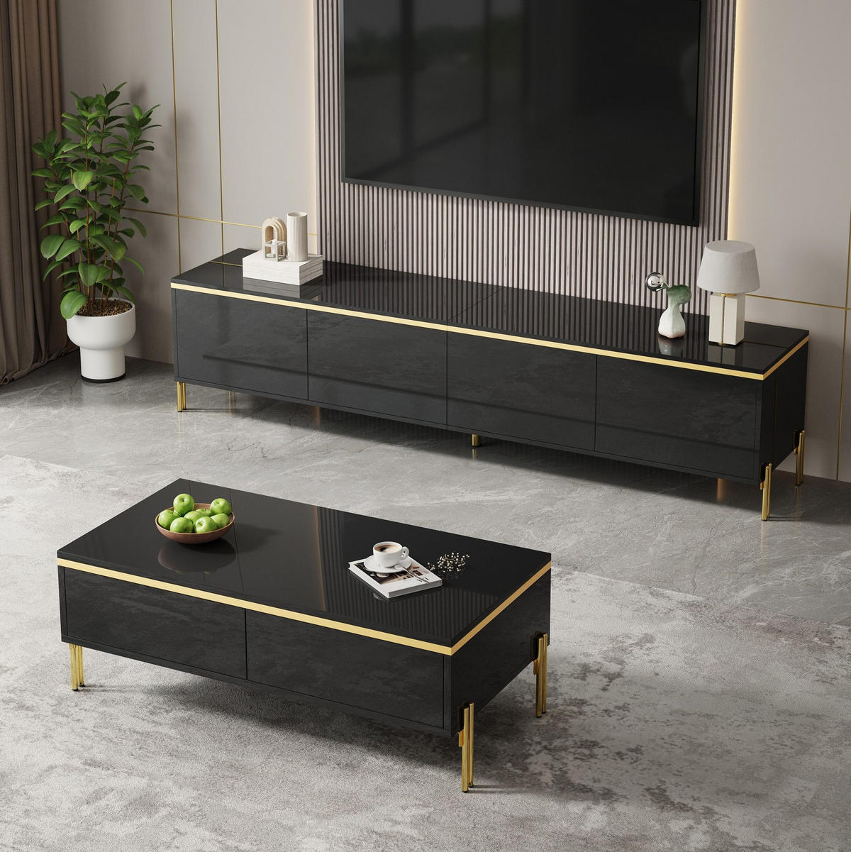 TV-MÖBEL-SET 170/38/50 cm schwarz aus Spanplatte mit Stauraum - Schwarz, Holzwerkstoff (170/50/38cm) - OKWISH