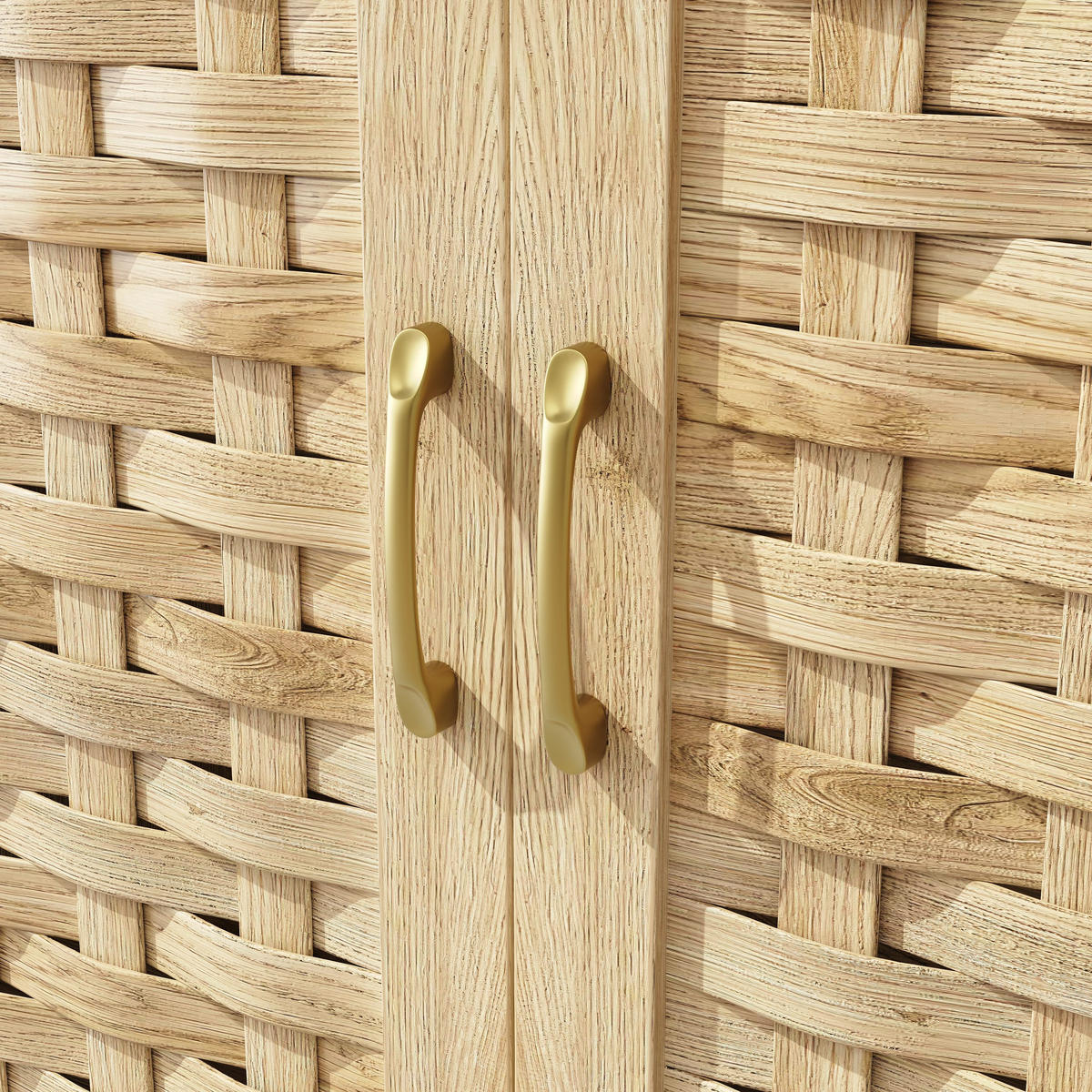 HIGHBOARD Holzoptik Natur mit LED & Geflochtenen Glastüren - Eiche San Remo, Glas/Holzwerkstoff (120/180/40cm) - Urban Meuble