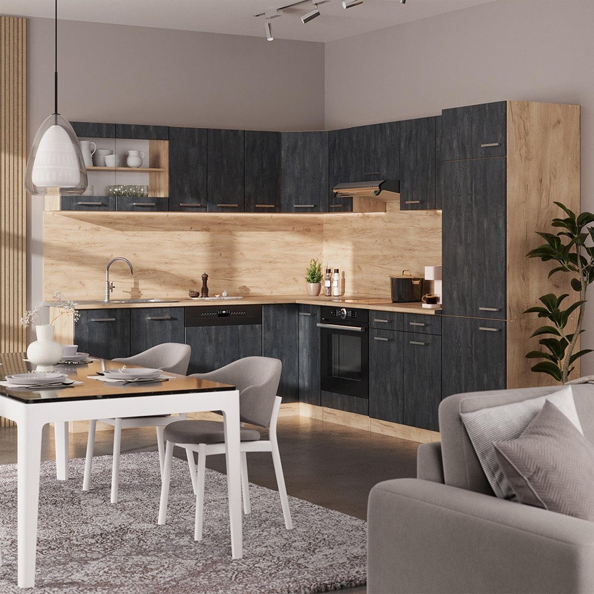 ECKKÜCHE R-Line, Schwarz Beton/Goldkraft Eiche, 287 x 227 cm AP Marmor - Honigeiche/Schwarz, Holzwerkstoff (287/206.8/60cm) - Vicco