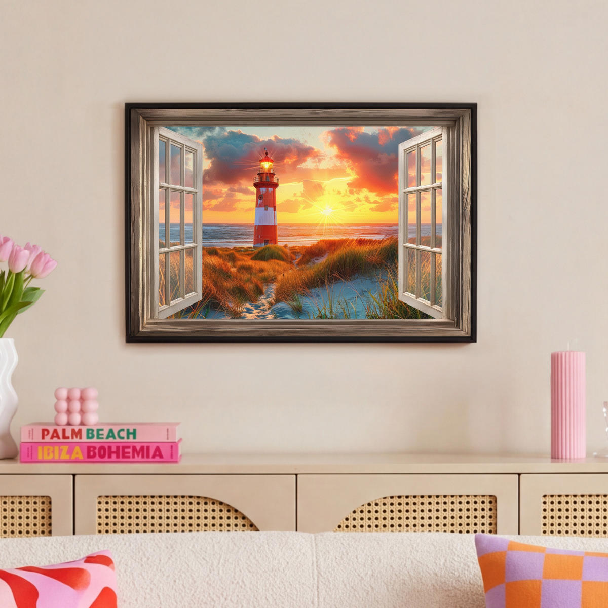 LEINWAND Bilder mit Rahmen - Aussicht - Fenster - Leuchtturm - Sonnenuntergang - Strand - 60x40 - Dunkelorange, Textil (60/40cm) - MuchoWow