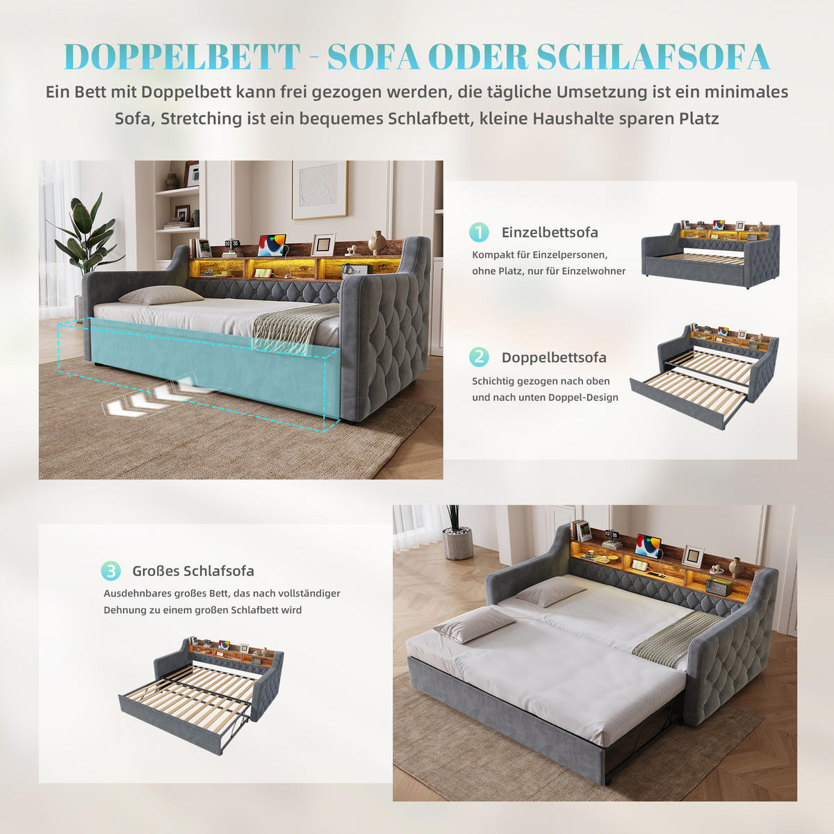 SCHLAFSOFA Dunkelgrau aus Samt mit Ausziehbett, Stauraumkopfteil, LED und USB-Ladeanschlüssen - Dunkelgrau, Textil (107/80/201cm) - Luhomfu
