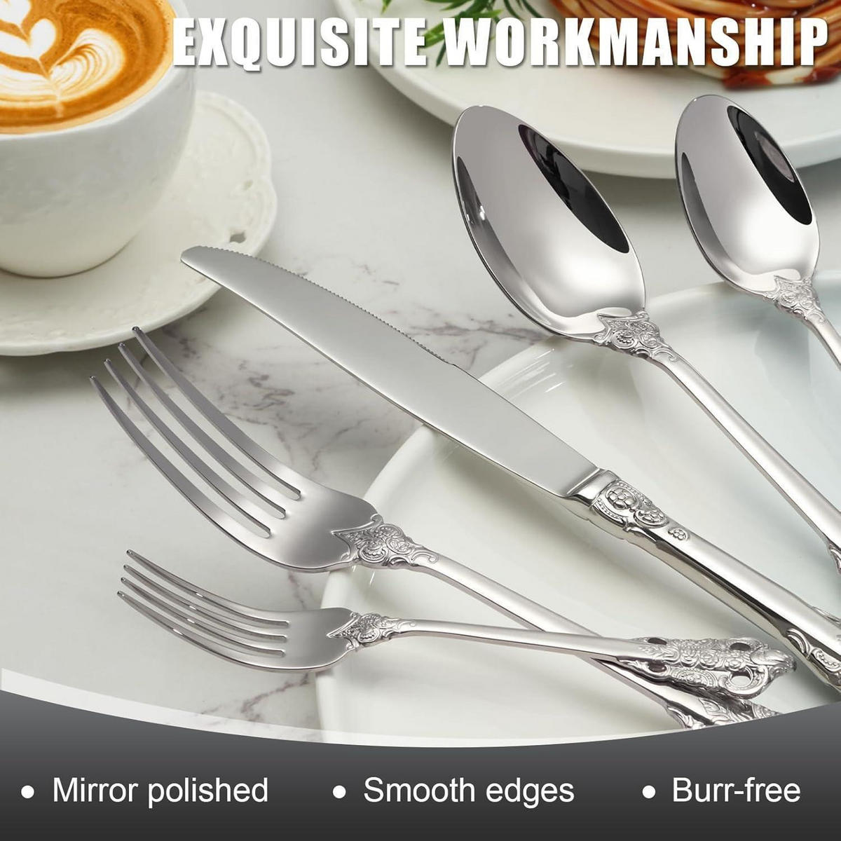 BESTECKSET 30-teiliges Set Edelstahl Silber Geprägte Griffe Spülmaschinenfest - Silberfarben, Metall