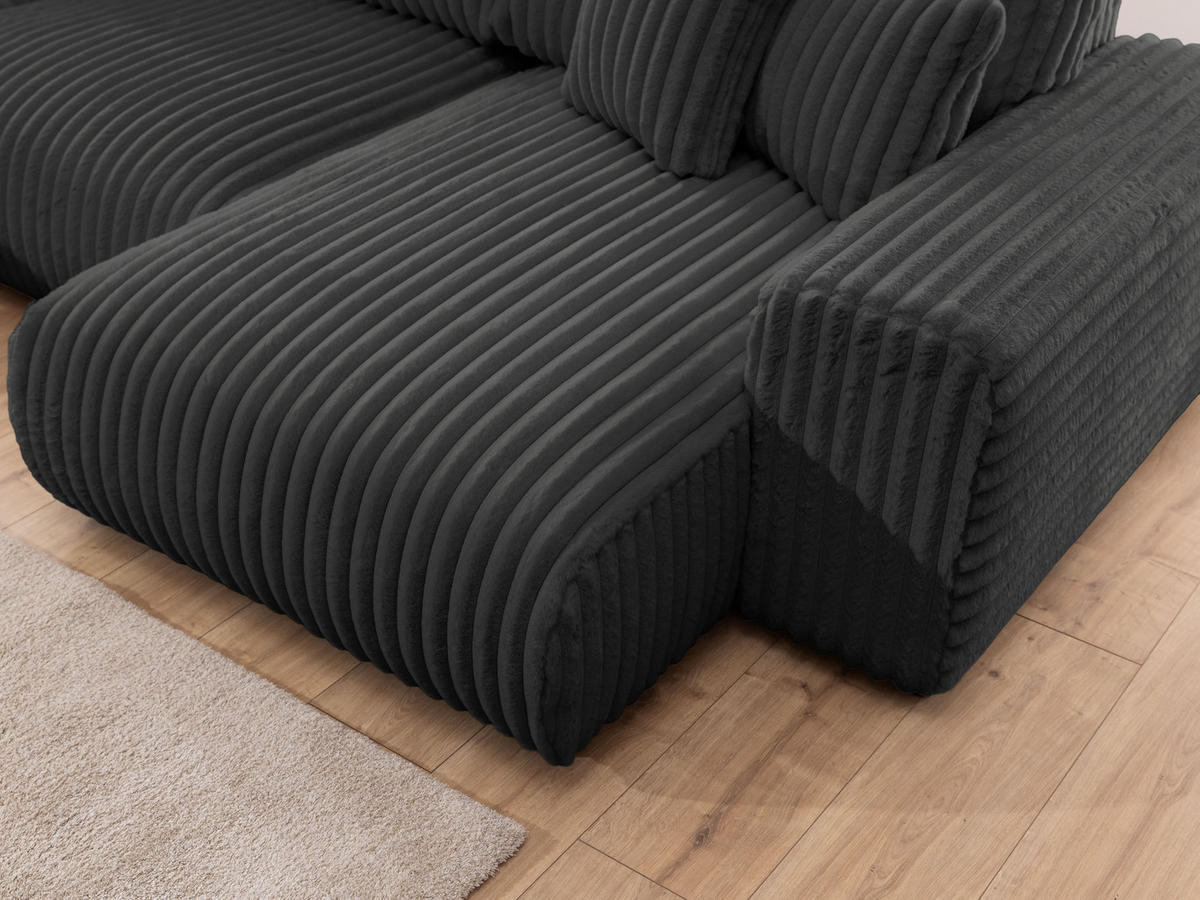 WOHNLANDSCHAFT Mollis Dunkelgrau Plüschcord im XXL-Format - Ottomane Rechts - Dunkelgrau/Schwarz, Holz/Kunststoff (316/77/194cm) - S-Style Möbel