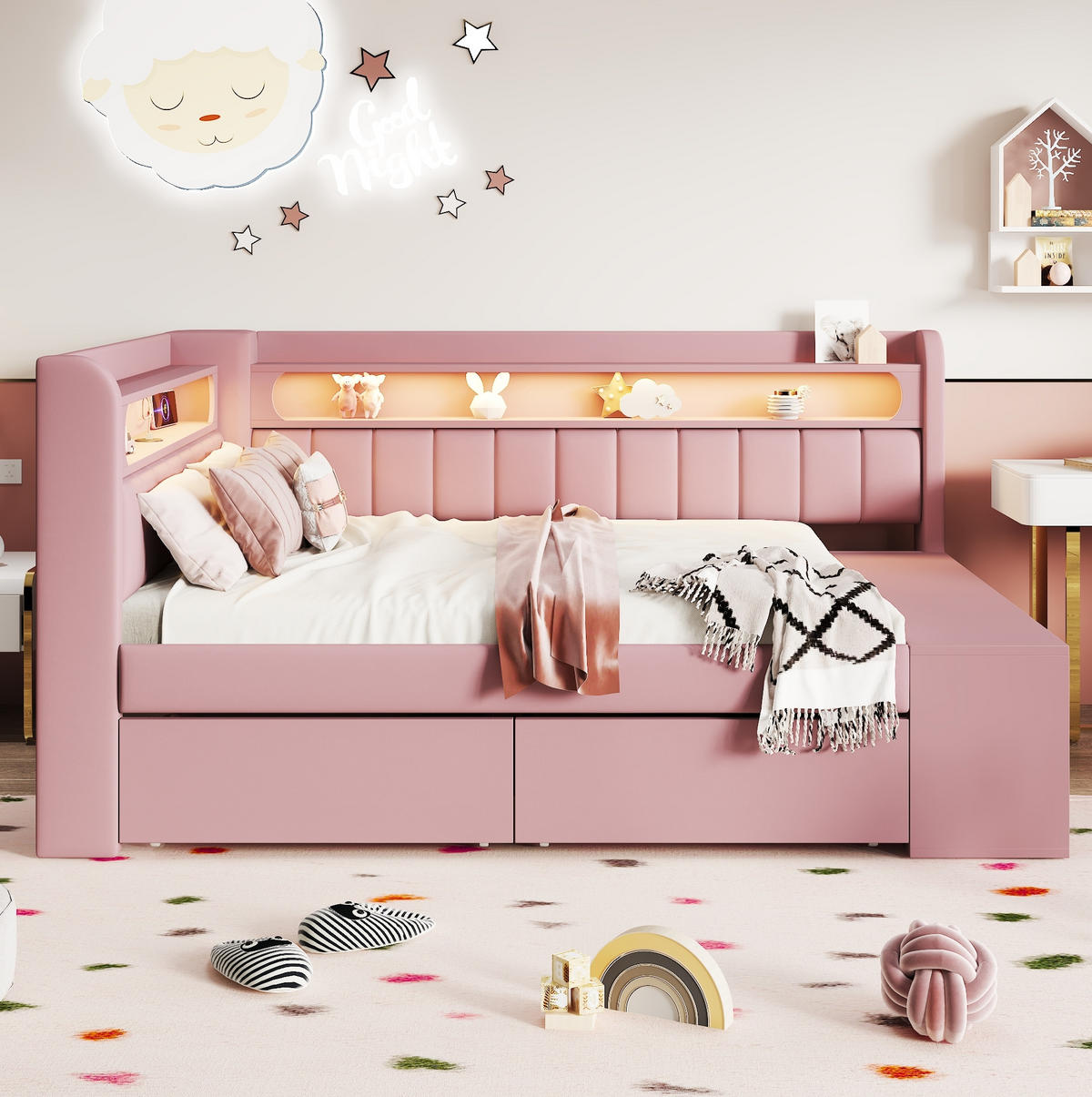 GEPOLSTERTES Schlafsofa 90/200 cm mit LED-Beleuchtung, USB-Anschluss, 2 Schubladen und Schuhschrank, Rosa - Weiß, Holzwerkstoff (104/91.5/212.5cm) - Redom