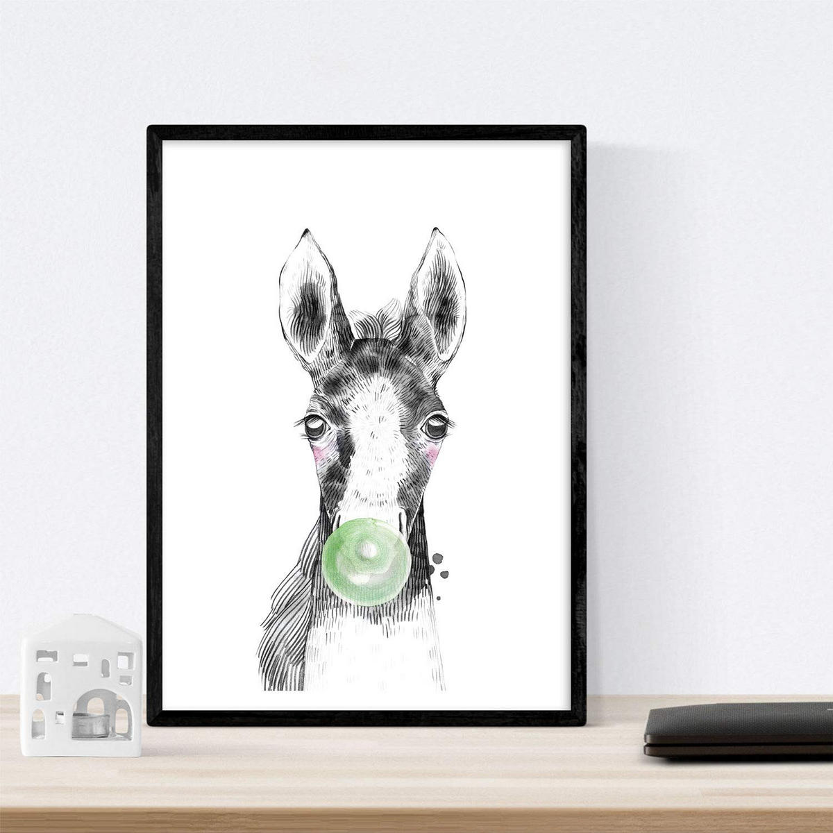 POSTER Set Mit 6 Tiere Babys Mit Kaugummi Schweinefleisch Girafa Kaninchen Fuchs Pferd Hunde A4 Schwarzer Rahmen - Schwarz, Papier (29/3cm) - Nacnic