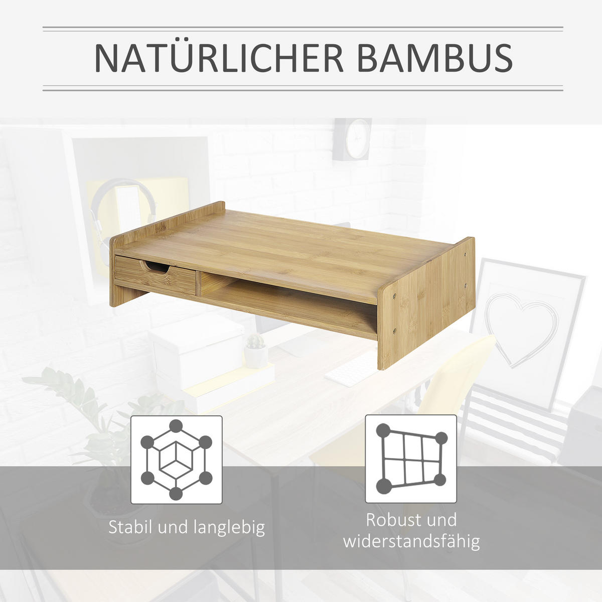 MONITORSTÄNDER Mit Schubladen Bildschirmständer Schreibtisch-Organizer Natur - Naturfarben, Holz (49/25.5/11.5cm) - HOMCOM