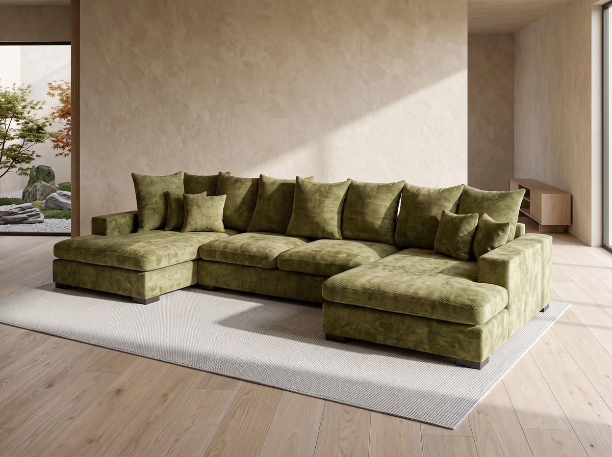 WOHNLANDSCHAFT Dahlia mit Schlaffunktion und Bettkasten in U-Form - Grün Chenille 373/92/155 cm - Schwarz/Grün, Kunststoff/Textil (373/92/155cm) - WFL GROUP