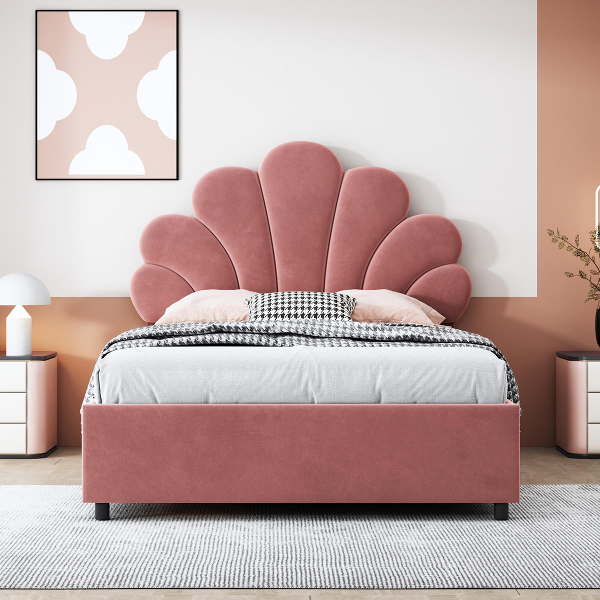 KINDEREINZELBETTEN aus Samt 90x200 cm in Rosa mit hydraulischem Stauraum - Rosa, Textil (90/200cm) - Modfu