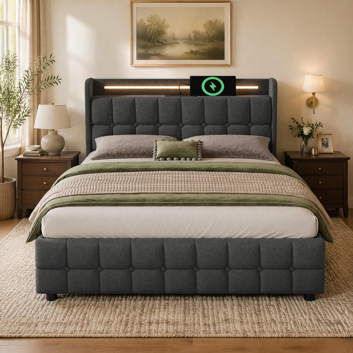 POLSTERBETT 140/200 mit Bettkasten, LED und USB-Anschlüssen in Grau - Grau, Holzwerkstoff/Textil (140/200cm) - EVRYAE