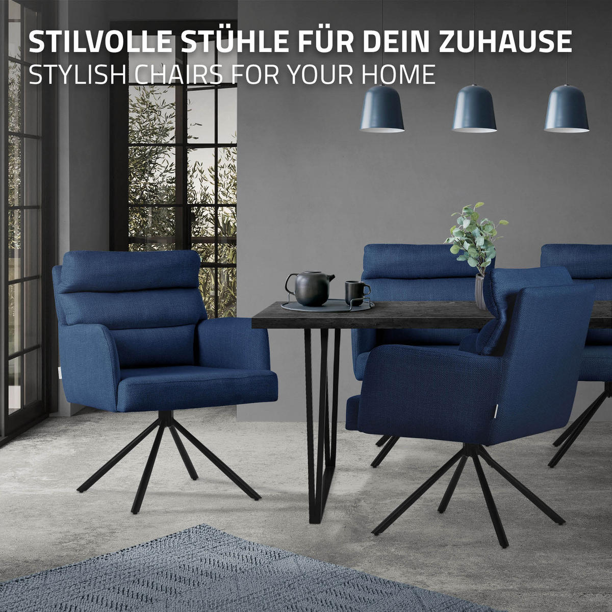ESSZIMMERSTUHL drehbar Dunkelblau Stoffbezug - Schwarz/Dunkelblau, Textil/Metall (64.5/93/64cm) - ML-DESIGN