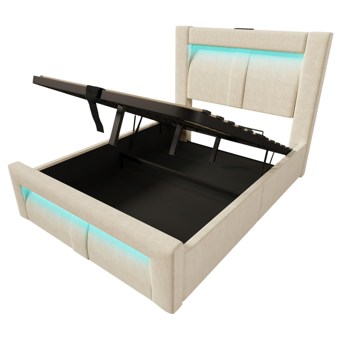 BETT mit Stauraum 90x200 cm Samt Beige mit LED und Ladeanschlüssen - Beige, Metall (90/200cm) - Meubliv