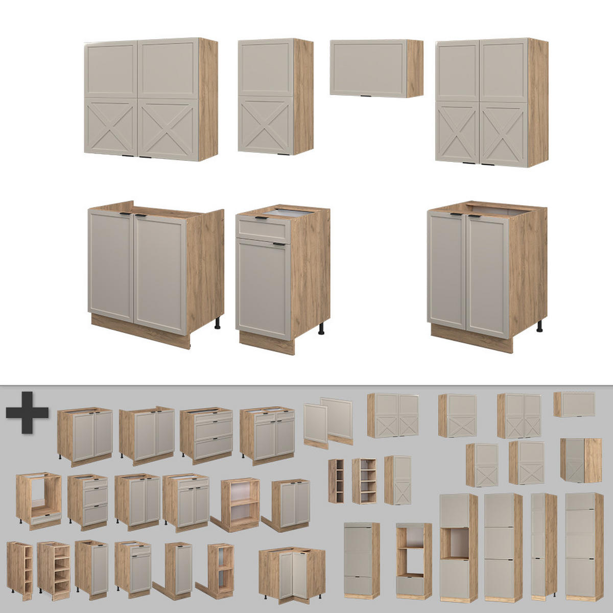 KÜCHENZEILE Fame-Line GrauBeige/Goldkraft Eiche 240 cm, AP Eiche - Honigeiche/Grau, Holzwerkstoff (240/81.6/60cm) - Vicco