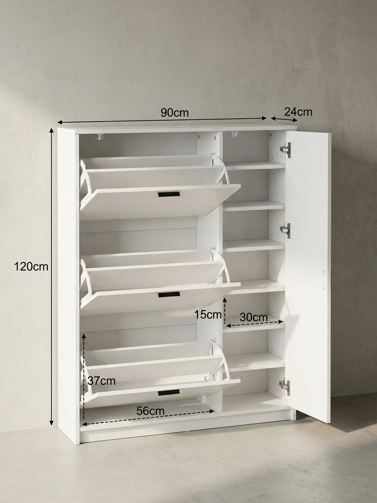 SCHUHSCHRANK – Weiß, 90x120x24 cm, Schuhkipper geschlossen, mit Ablage - Weiß, Holzwerkstoff (90/120/24cm) - KADIMA DESIGN