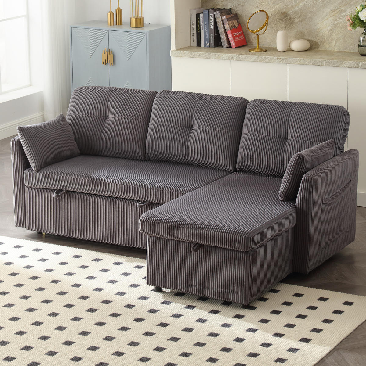 ECKSOFA L-Form mit Schlaffunktion, Bettkasten/Seitentasche, Cord, Dunkelgrau - Dunkelgrau, Holz (206/108cm) - LVHOM