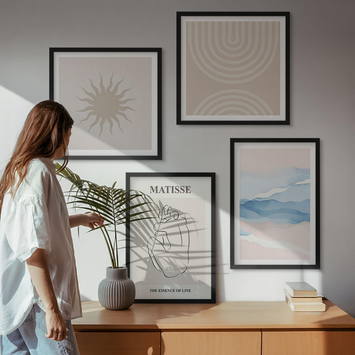 WANDBILDER 4er-Set - 50x50 cm & 40x60 cm Schwarzer Rahmen - Linien, Wellen, Pastellfarben, minimalistisch - Schwarz, Kunststoff (50/50cm) - ArtPrintCave