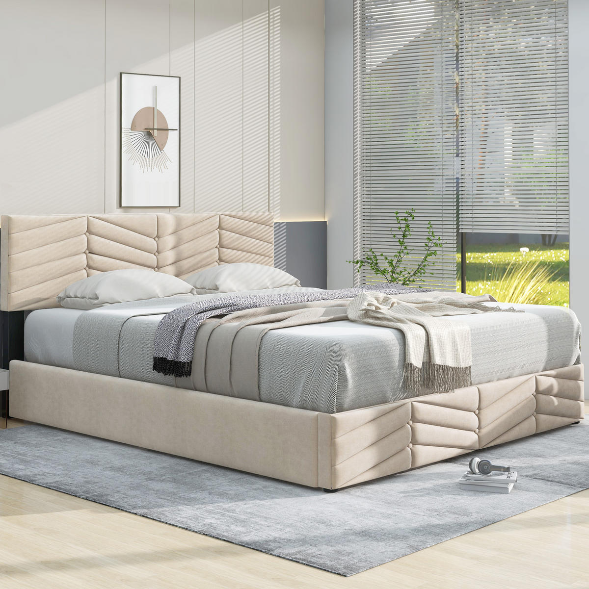 POLSTERBETT 140/190 cm in Beige aus Samt mit verstellbarem Kopfteil - Beige, Textil (140/200cm) - Flora Grace