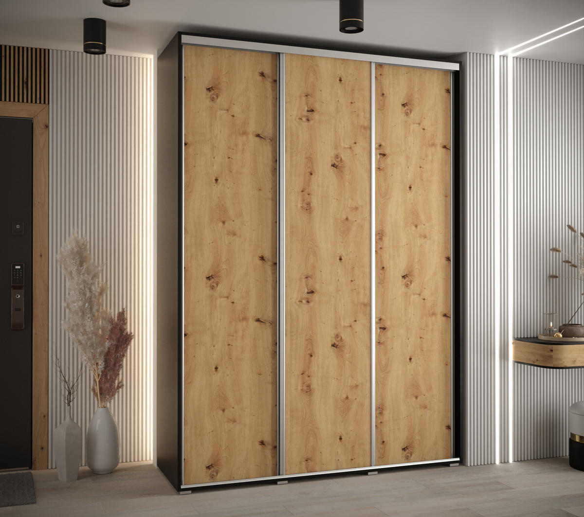 SCHWEBETÜRENSCHRANK 235,2/180/60 3-türig - Silberfarben/Schwarz, Holz/Metall (180/235/60cm) - Abiks Möbel