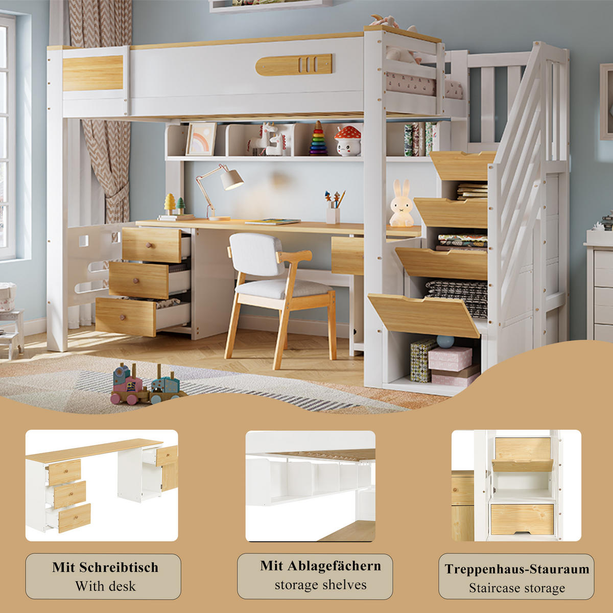 HOCHBETT 90/200 cm in Weiß & Natur mit Schreibtisch, Schubladen, Stauraumtreppe und Hängeregal - Weiß, Holzwerkstoff (90/200cm) - STILVORA