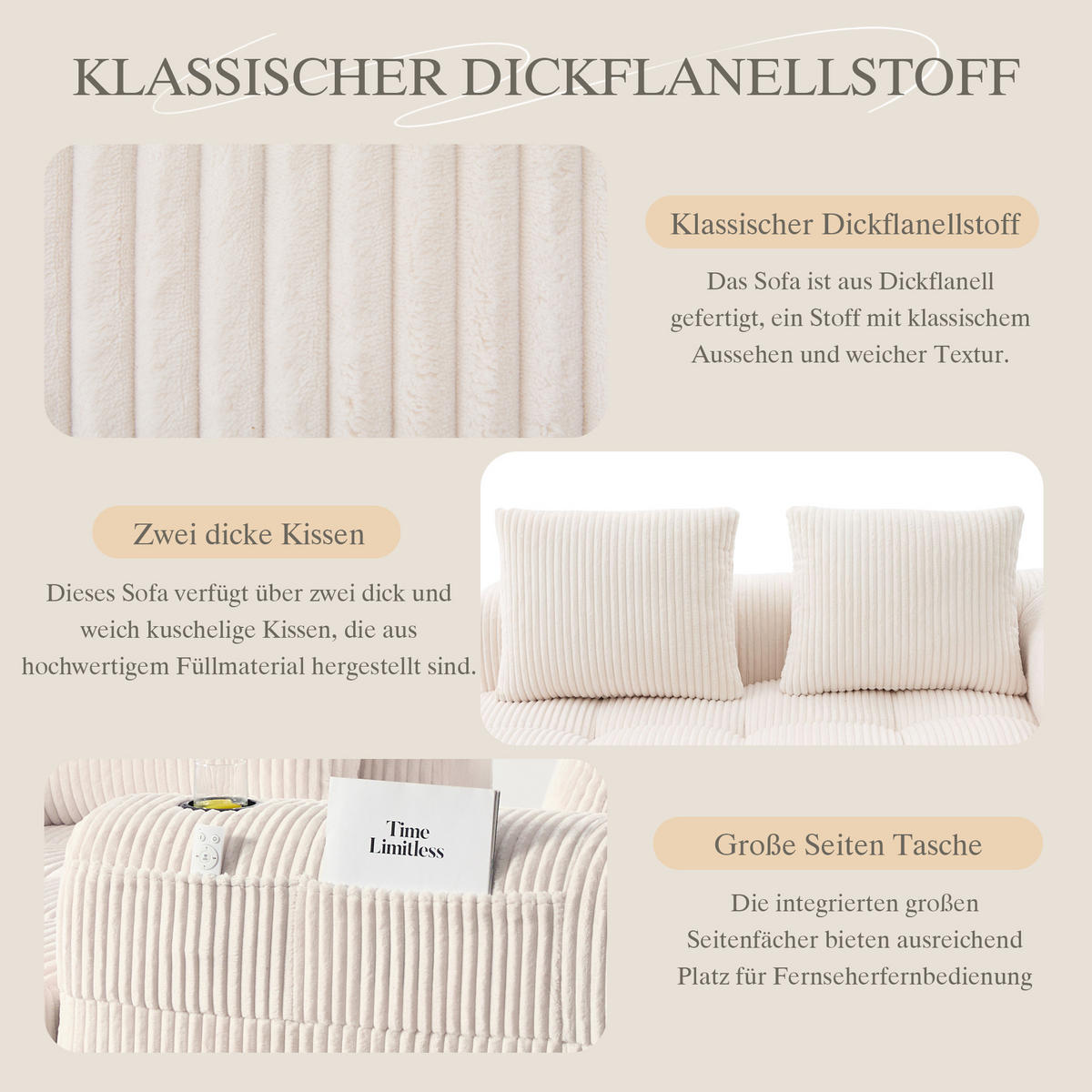 CHAISELONGUE in Cord Übergroßer Relaxsessel mit Seitentaschen - Beige, Textil (158/61/93cm) - Urban Meuble