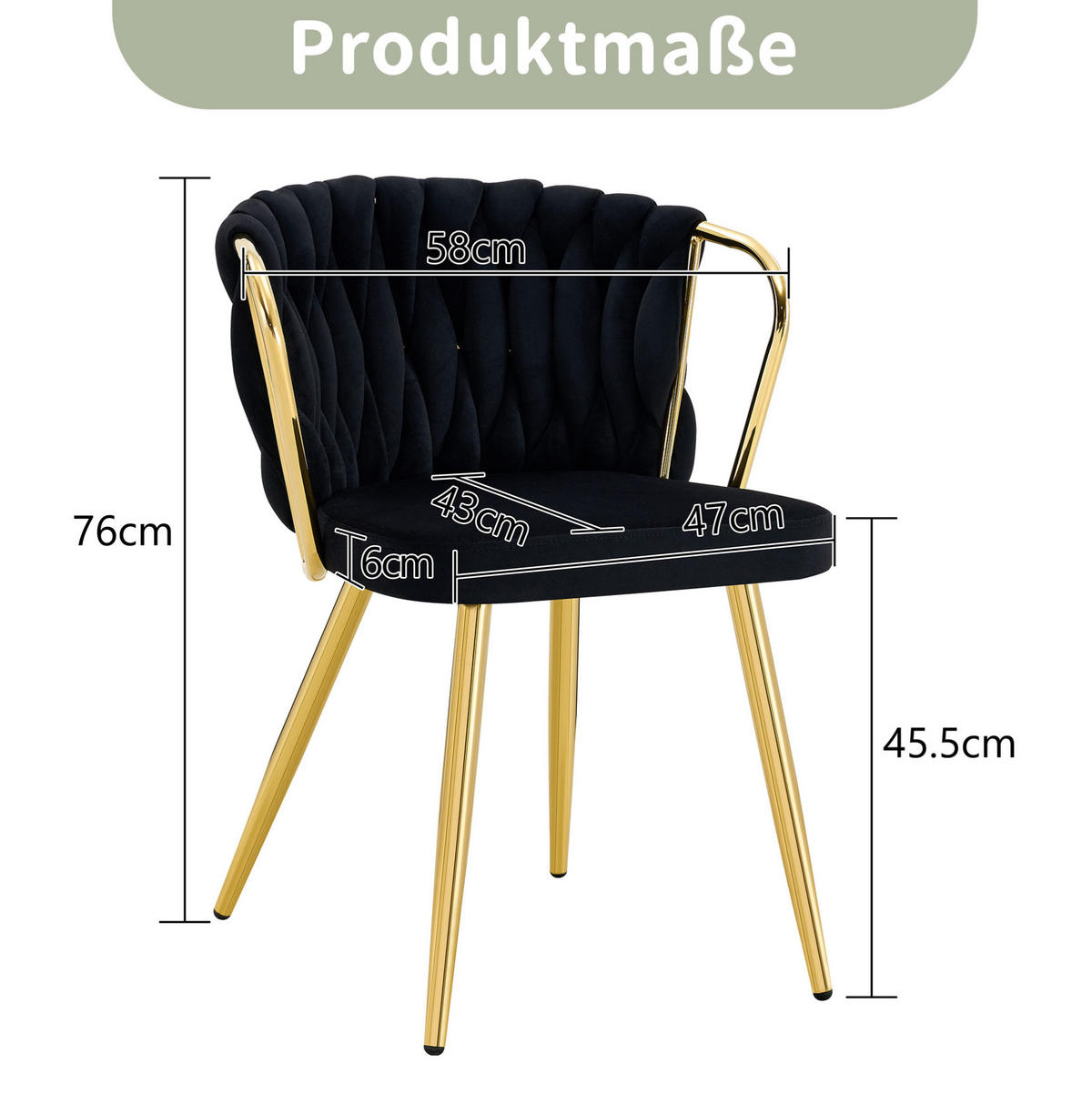 ESSZIMMERSTUHL mit Samtbezug und Goldbeinen 43 x 58 x 76 cm Schwarz - Schwarz, Metall (58/76/43cm) - Meubliv