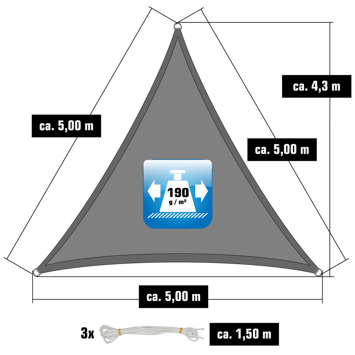 SONNENSEGEL 500/500 cm grau, dreieckig - Grau, Kunststoff (500/500cm) - Amanka