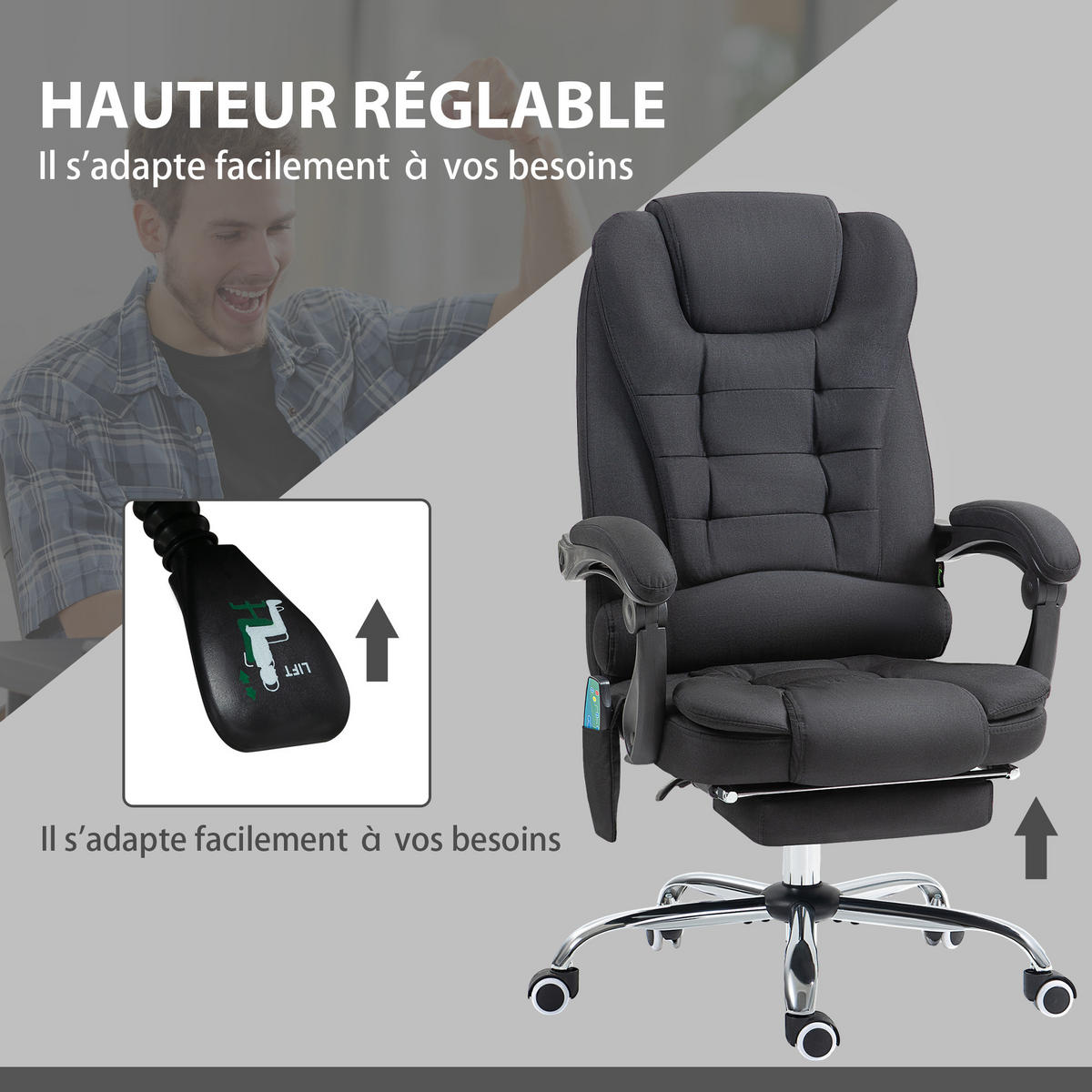 CHEFSESSEL DE-11715 Massage- & Heizfunktion mit neigbarer Rückenlehne Schwarz - Schwarz, Textil (70/119/65cm) - ComfortXL