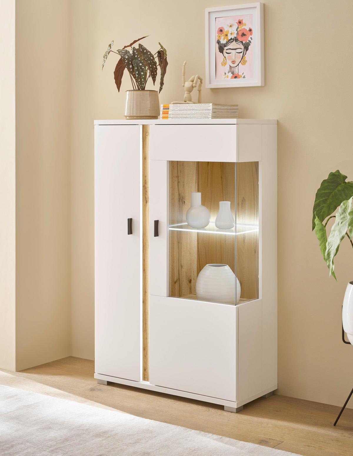VITRINE weiß matt, Eiche Wotan 80 x 125 cm, Highboard inklusive Frontbeleuchtung - Silberfarben/Eiche Wotan, Glas/Holzwerkstoff (80/125/35cm) - Furn.Design