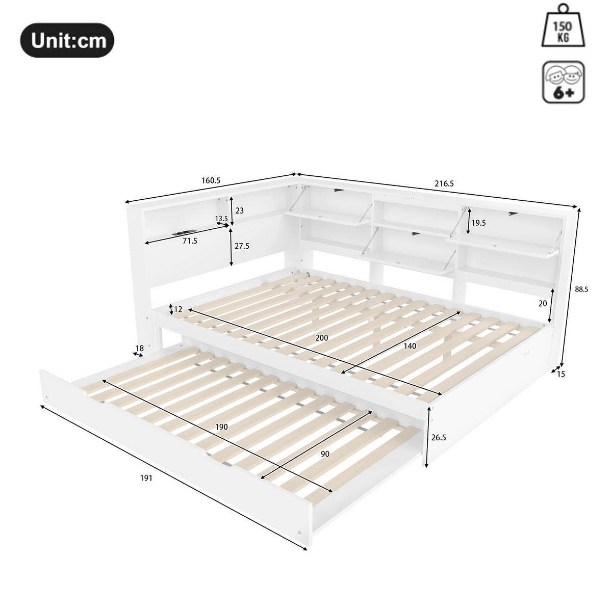 AUSZIEHBETT 140/200 cm in Weiß mit Stauraum und USB- und Type-C-Anschlüssen - Weiß, Holzwerkstoff (140/200cm) - Flora Grace