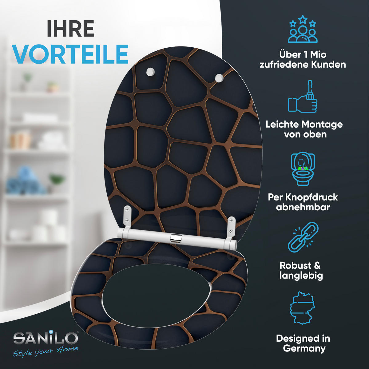 WC-SITZ mit Absenkautomatik & Top Fix Mesh - Schwarz, Holzwerkstoff (37.7/5.5/48cm) - Sanilo
