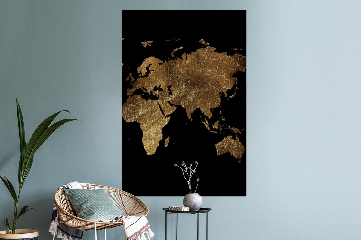 WANDTATTOO Weltkarte - Gold - Luxus - Erde - Schwarz 80x120 cm - Goldfarben, Kunststoff (80/120/0.1cm) - MuchoWow