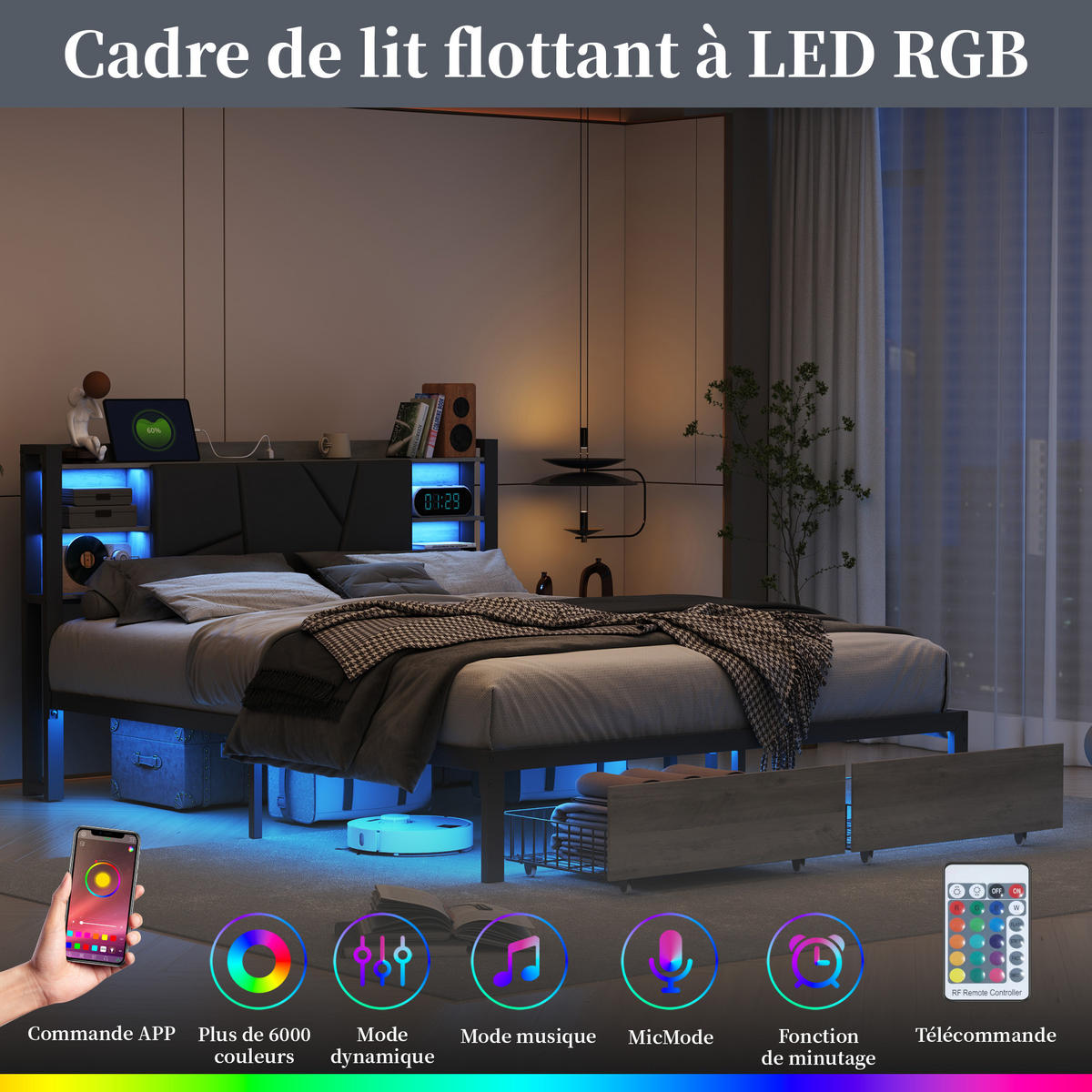 METALLBETT 160x200 cm, 2 Schubladen, LED-Beleuchtung - Schwarz, Textil/Metall (160/200cm)