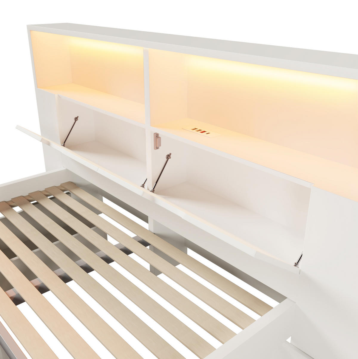 POSTEL 140/200 cm s LED osvětlením, USB porty, úložným prostorem, zásuvkami a lavicí, Bílá - bílá, kompozitní dřevo (140/200cm) - Redom
