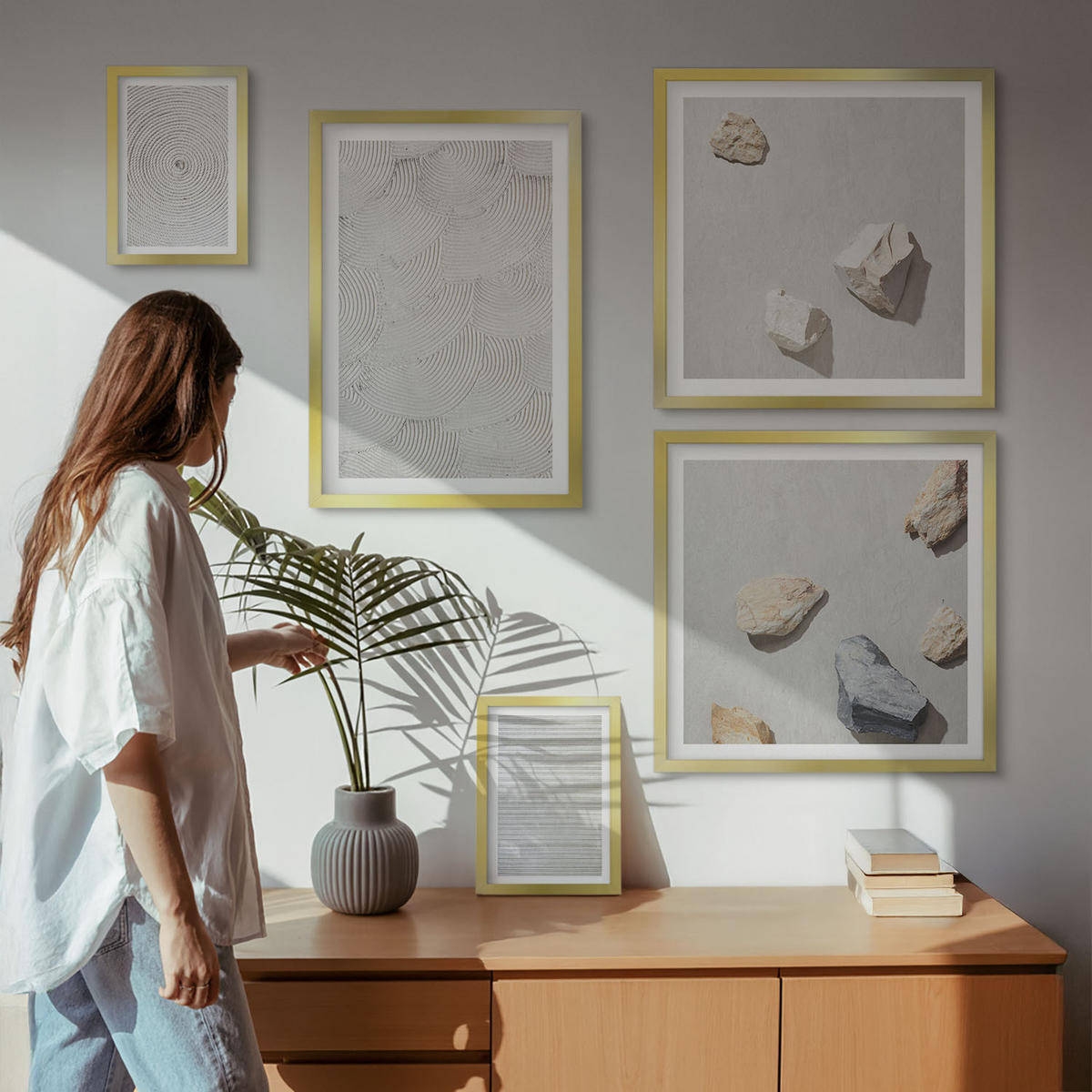 WANDBILDER 5er Set - 50x50 cm & 20x30 cm & 40x60 cm Goldrahmen - Geometrische Pappsteine - Goldfarben, Kunststoff (40/60cm) - ArtPrintCave