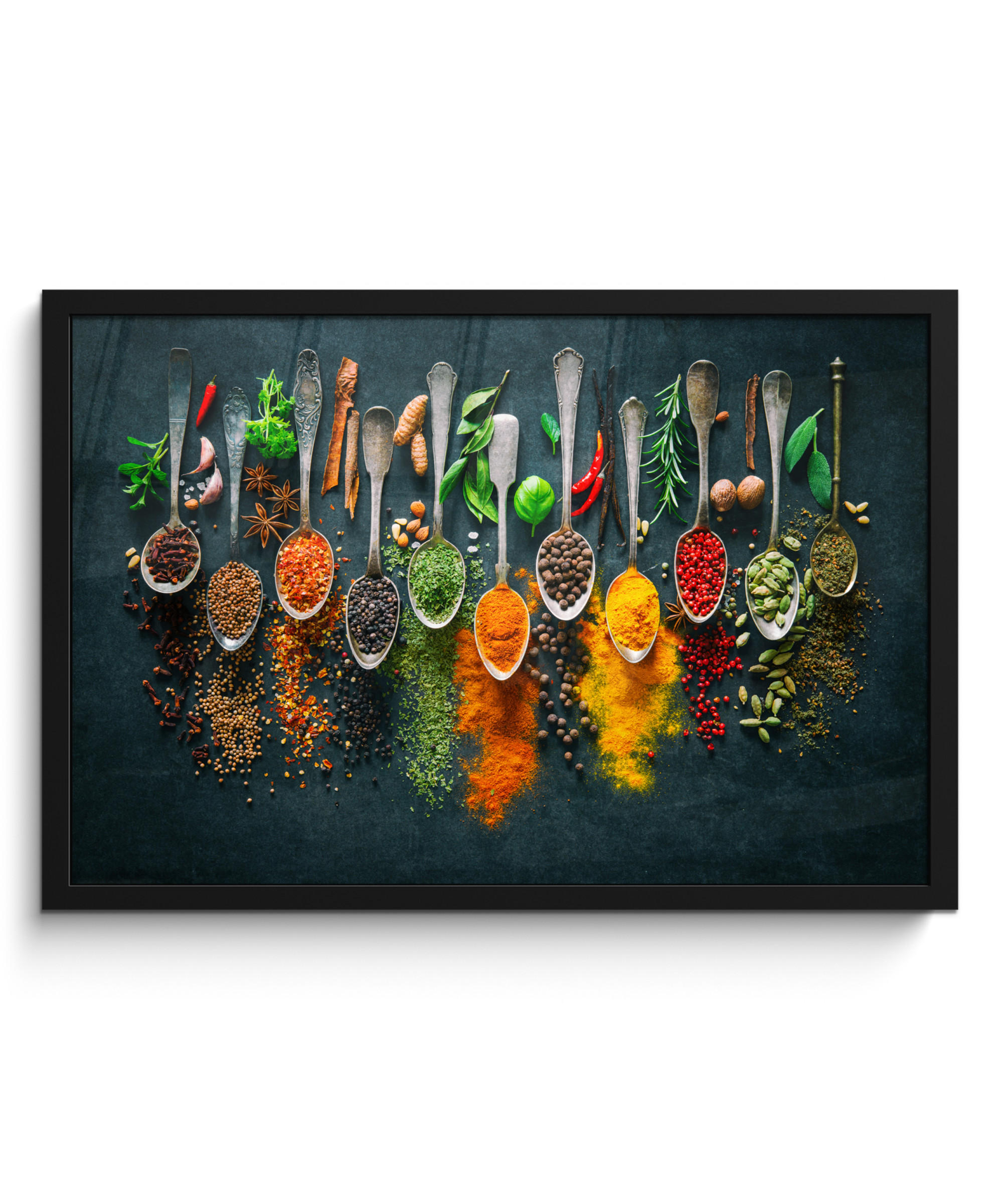 POSTER MIT RAHMEN Kräuter - Gewürze - Löffel 60x40 cm - Currygelb, Papier (60/40cm) - MuchoWow