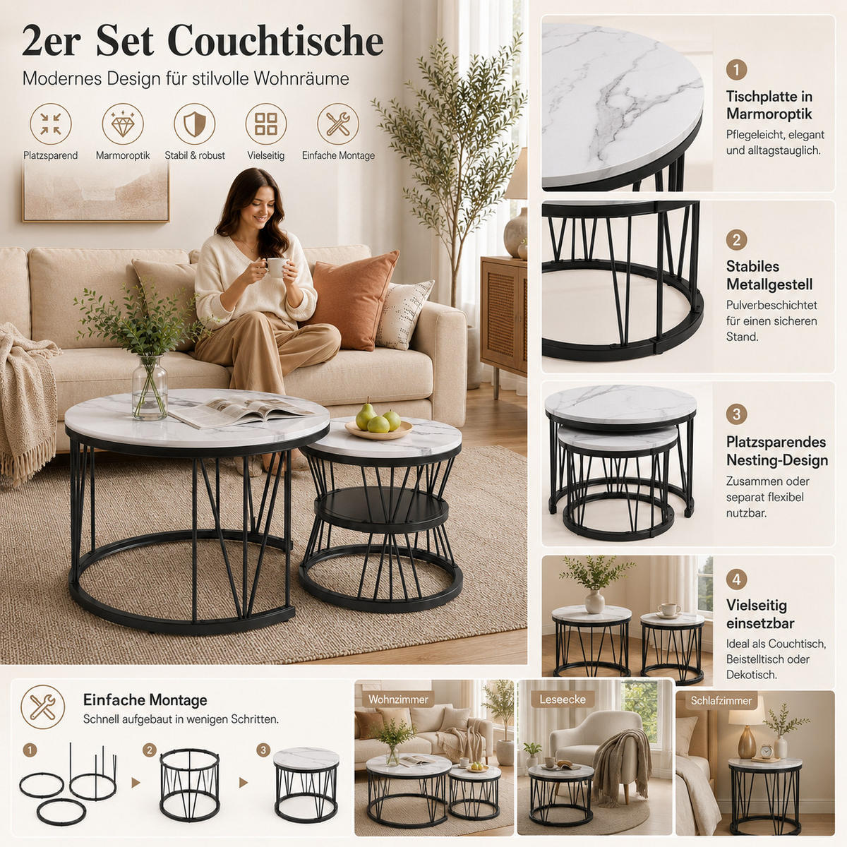 COUCHTISCH-SET mit geometrischem Metallrahmen, elegantes Design, doppelschichtig - Schwarz, Metall (70/70/45cm) - Joyfair