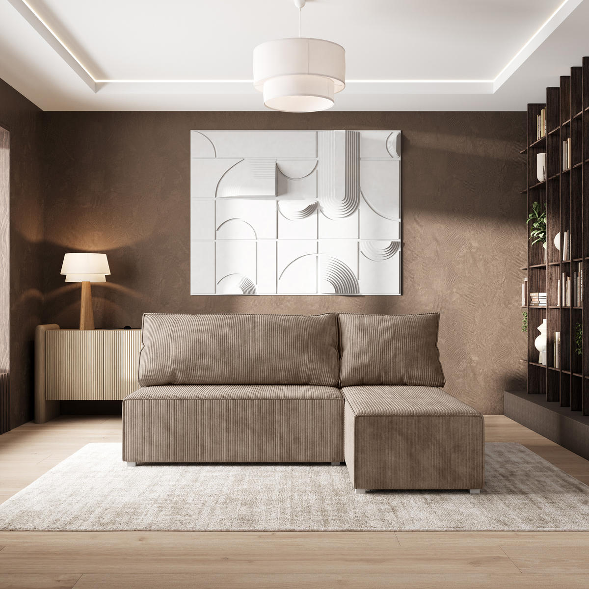 ECKSOFA BRISO P Beige Kordstoff mit Schlaffunktion - Beige/Grau, Holz/Kunststoff (200/140cm) - MASSENO