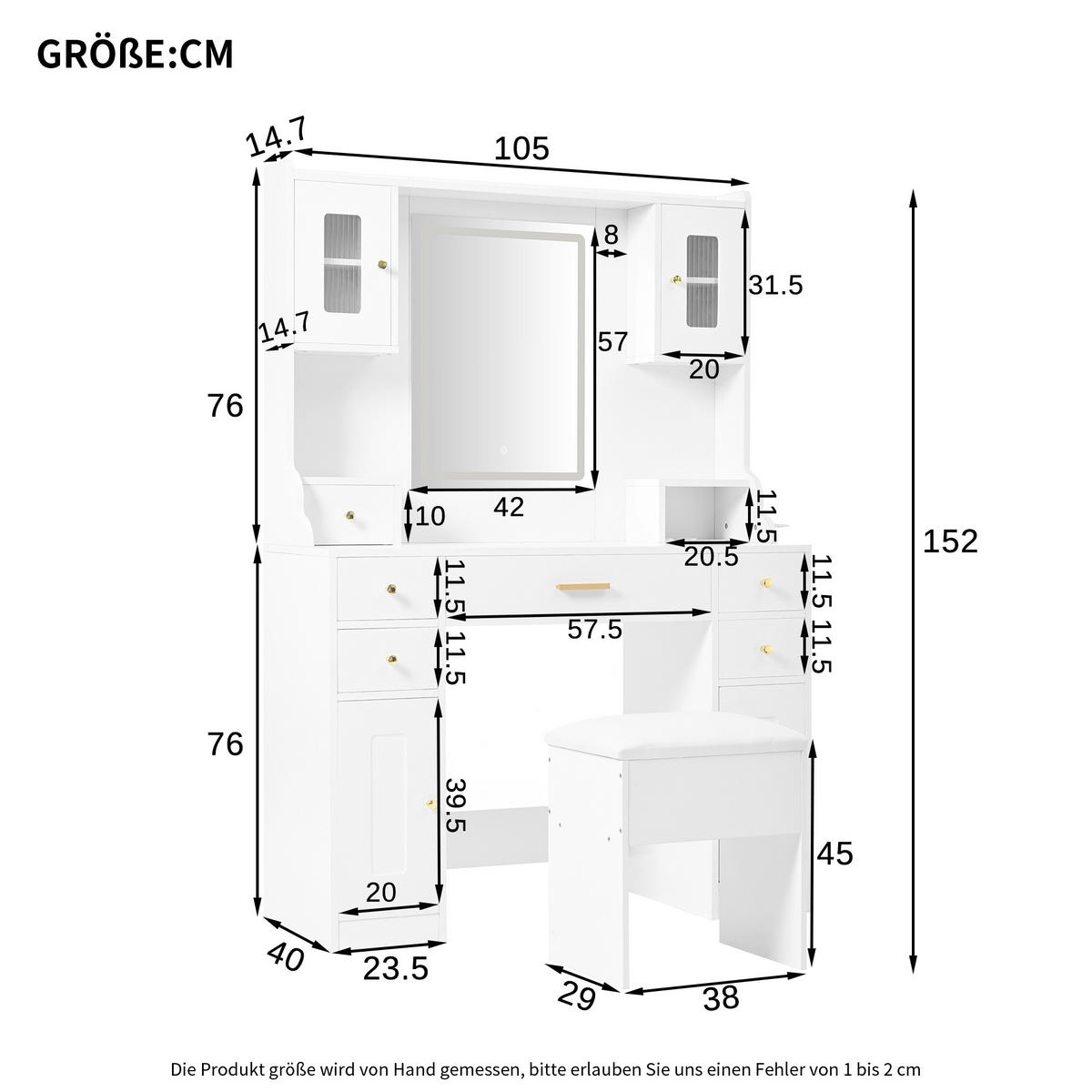 SCHMINKTISCH 105/40/152 cm Weiß aus Spanplatte mit LED-Spiegel - Weiß, Holzwerkstoff (40/152/105cm) - OKWISH