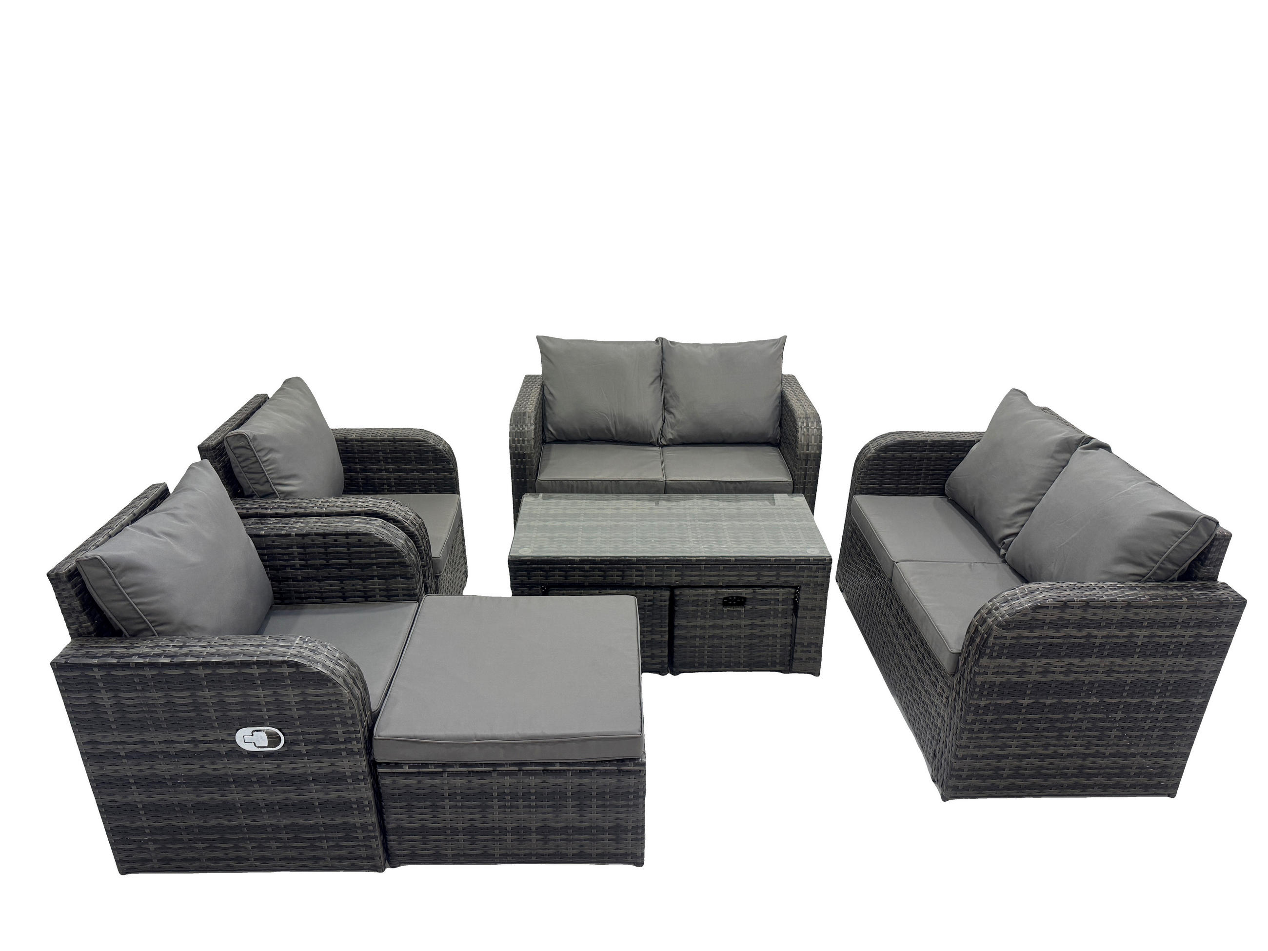GARTENSOFA SET mit LIEGESTUHL Polyrattan 9-Sitzer Dunkelgrau - Dunkelgrau/Grau, Glas/Kunststoff - Fimous