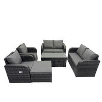 GARTENSOFA SET mit LIEGESTUHL Polyrattan 9-Sitzer Dunkelgrau - Dunkelgrau/Grau, Glas/Kunststoff - Fimous