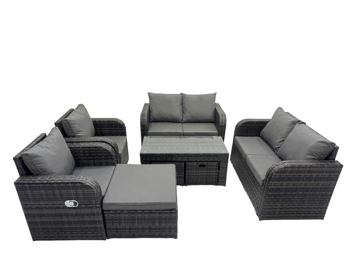 GARTENSOFA SET mit LIEGESTUHL Polyrattan 9-Sitzer Dunkelgrau - Dunkelgrau/Grau, Glas/Kunststoff - Fimous